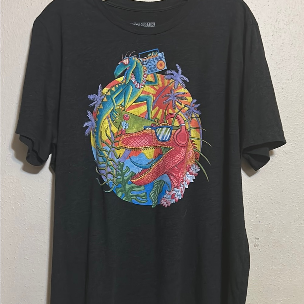 Black Graphic Tee with Colorful Dinosaur Design